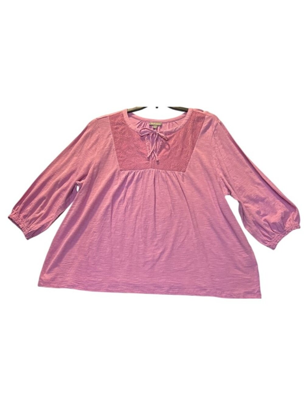 Style & Co Womens 3X Lace Yoke Peasant Top Blouson Sleeves 100% Cotton Pink Rain
